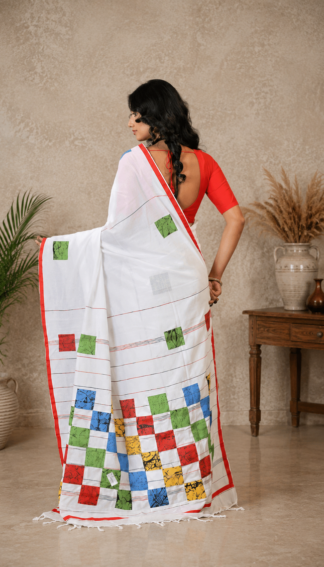 White Baul Applique Saree — Patchwork Motifs & Red Border | Handcrafted saree | KalamKantha