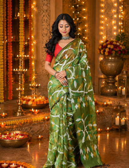 Olive Green Handloom Printed Saree — Abstract Leaf Print | Handcrafted saree | KalamKantha
