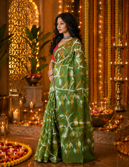 Olive Green Handloom Printed Saree — Abstract Leaf Print | Handcrafted saree | KalamKantha
