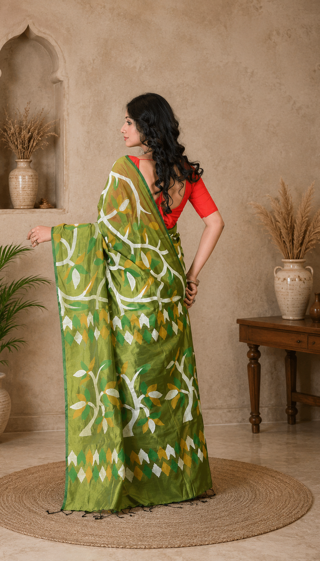 Olive Green Handloom Printed Saree — Abstract Leaf Print | Handcrafted saree | KalamKantha