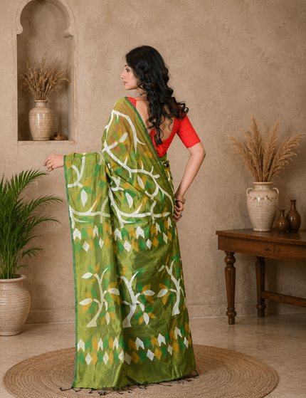 Olive Green Handloom Printed Saree — Abstract Leaf Print | Handcrafted saree | KalamKantha