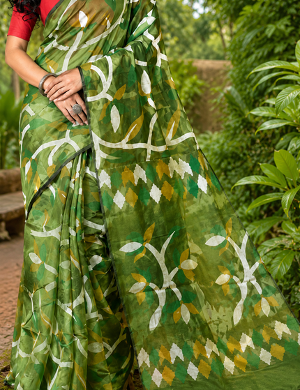 Olive Green Handloom Printed Saree — Abstract Leaf Print | Handcrafted saree | KalamKantha