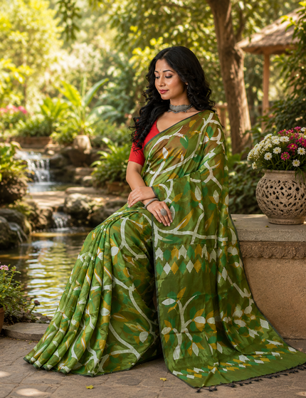 Olive Green Handloom Printed Saree — Abstract Leaf Print | Handcrafted saree | KalamKantha