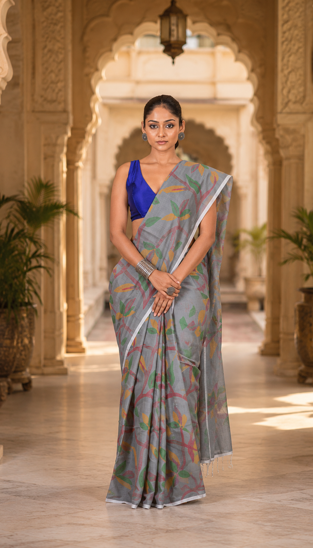 Grey Handloom Multicolour Printed Saree | Handcrafted saree | KalamKantha