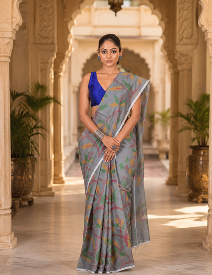 Grey Handloom Multicolour Printed Saree | Handcrafted saree | KalamKantha