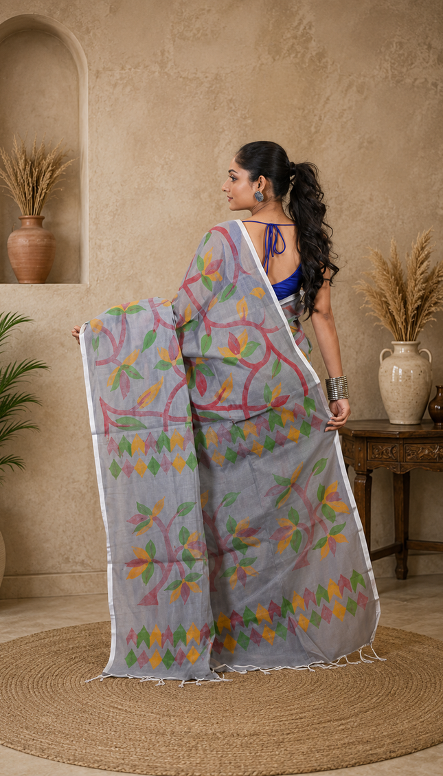 Grey Handloom Multicolour Printed Saree | Handcrafted saree | KalamKantha