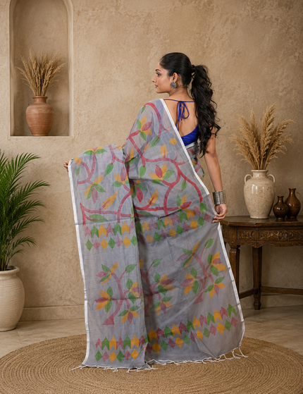 Grey Handloom Multicolour Printed Saree | Handcrafted saree | KalamKantha