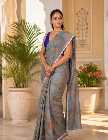 Grey Handloom Multicolour Printed Saree | Handcrafted saree | KalamKantha