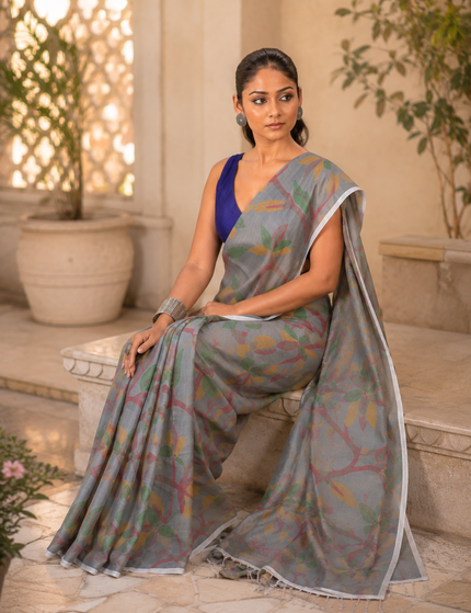 Grey Handloom Multicolour Printed Saree | Handcrafted saree | KalamKantha