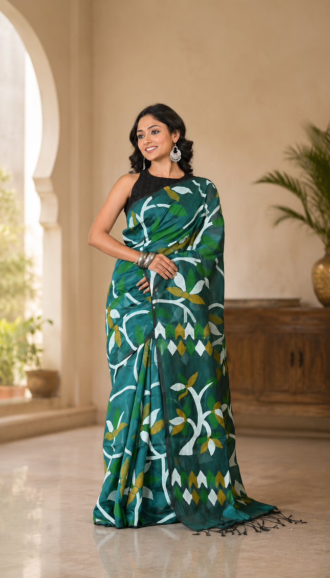 Teal Handloom Printed Saree — White & Olive Leaf Print | Handcrafted saree | KalamKantha