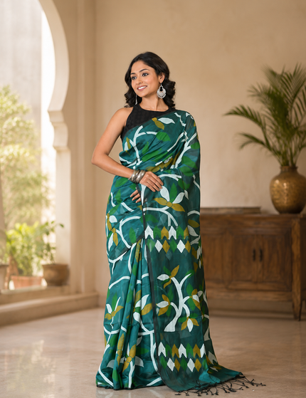 Teal Handloom Printed Saree — White & Olive Leaf Print | Handcrafted saree | KalamKantha