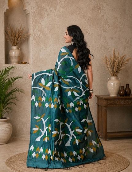 Teal Handloom Printed Saree — White & Olive Leaf Print | Handcrafted saree | KalamKantha