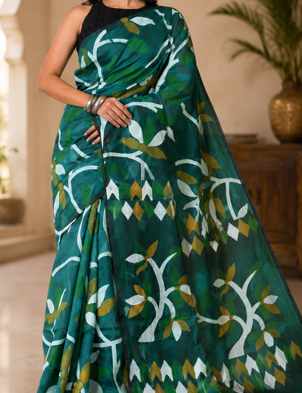 Teal Handloom Printed Saree — White & Olive Leaf Print | Handcrafted saree | KalamKantha