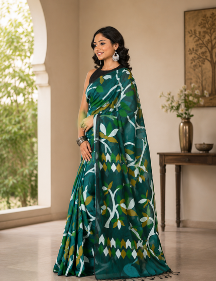 Teal Handloom Printed Saree — White & Olive Leaf Print | Handcrafted saree | KalamKantha