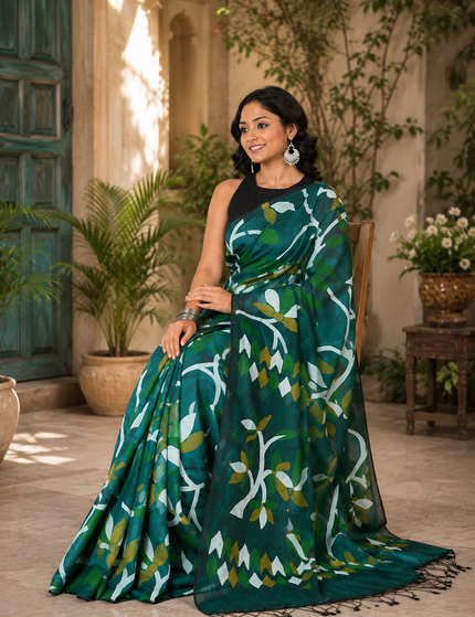 Teal Handloom Printed Saree — White & Olive Leaf Print | Handcrafted saree | KalamKantha