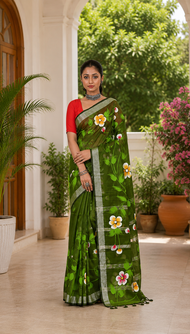 Olive Green Handloom Hand Print Saree — Floral Vine | Handcrafted saree | KalamKantha