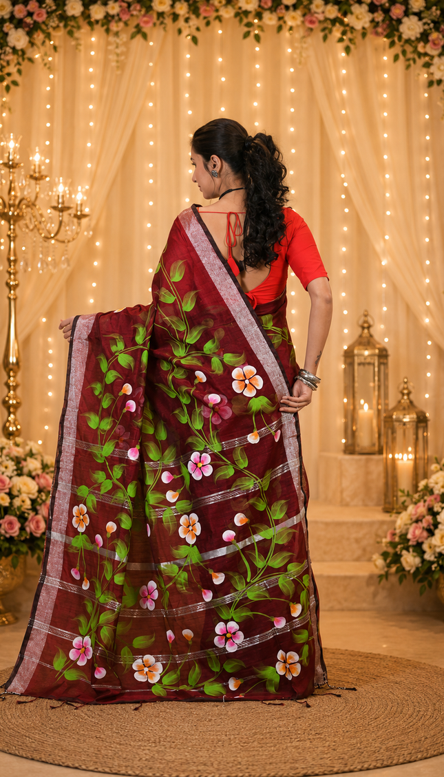 Maroon Handloom Hand Print Saree — Floral Vine & Silver Border | Handcrafted saree | KalamKantha