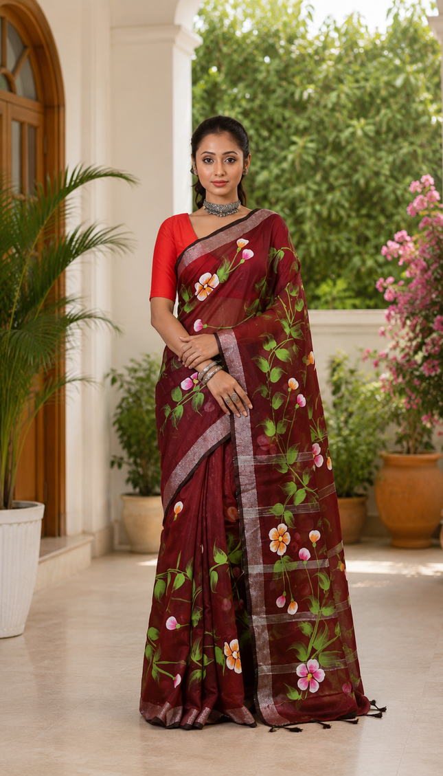 Maroon Handloom Hand Print Saree — Floral Vine & Silver Border | Handcrafted saree | KalamKantha