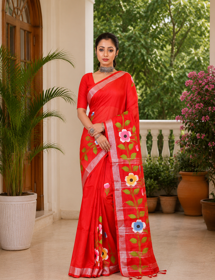 Red Handloom Floral Hand Print Saree | Handcrafted saree | KalamKantha