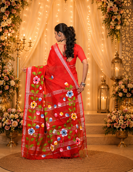 Red Handloom Floral Hand Print Saree | Handcrafted saree | KalamKantha
