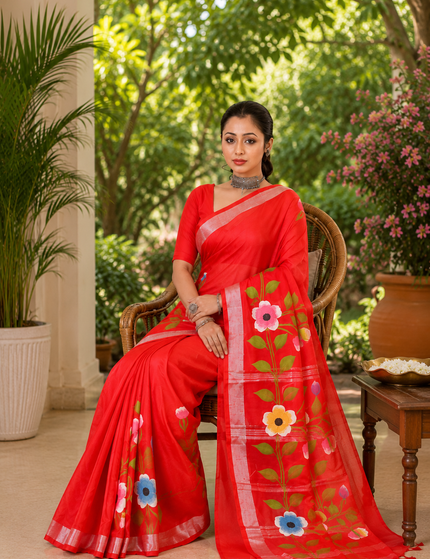 Red Handloom Floral Hand Print Saree | Handcrafted saree | KalamKantha
