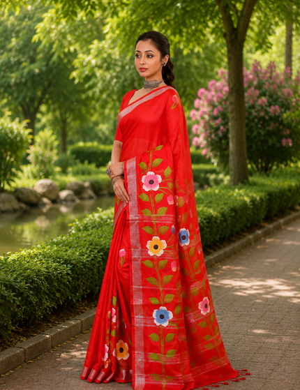 Red Handloom Floral Hand Print Saree | Handcrafted saree | KalamKantha