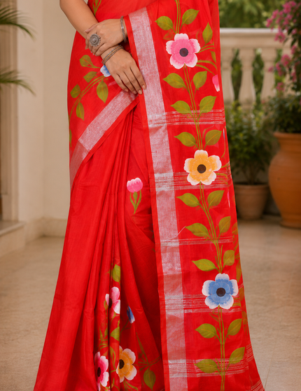 Red Handloom Floral Hand Print Saree | Handcrafted saree | KalamKantha