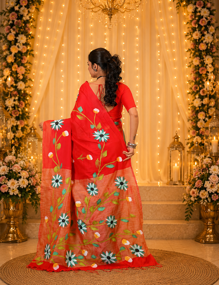 Red Handloom Multicolour Floral Hand Print Saree | Handcrafted saree | KalamKantha