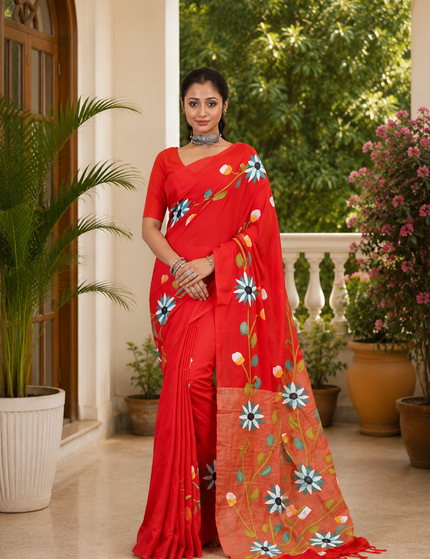 Red Handloom Multicolour Floral Hand Print Saree | Handcrafted saree | KalamKantha