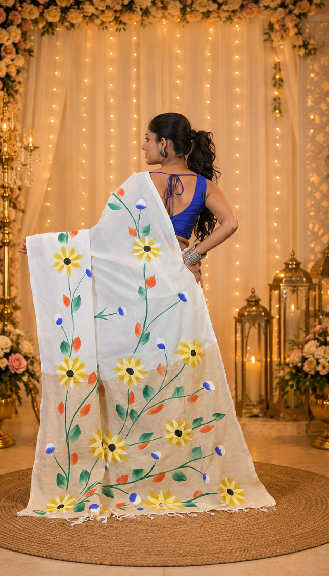 White Handloom Floral Hand Print Saree | Handcrafted saree | KalamKantha