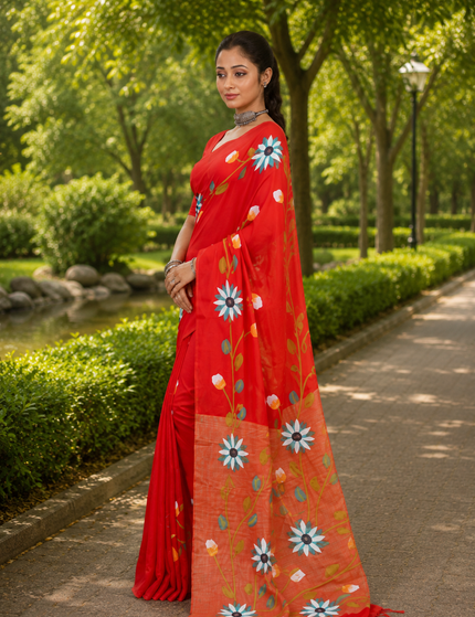 Red Handloom Multicolour Floral Hand Print Saree | Handcrafted saree | KalamKantha