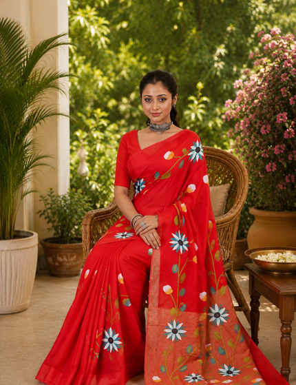 Red Handloom Multicolour Floral Hand Print Saree | Handcrafted saree | KalamKantha