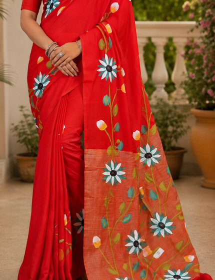Red Handloom Multicolour Floral Hand Print Saree | Handcrafted saree | KalamKantha