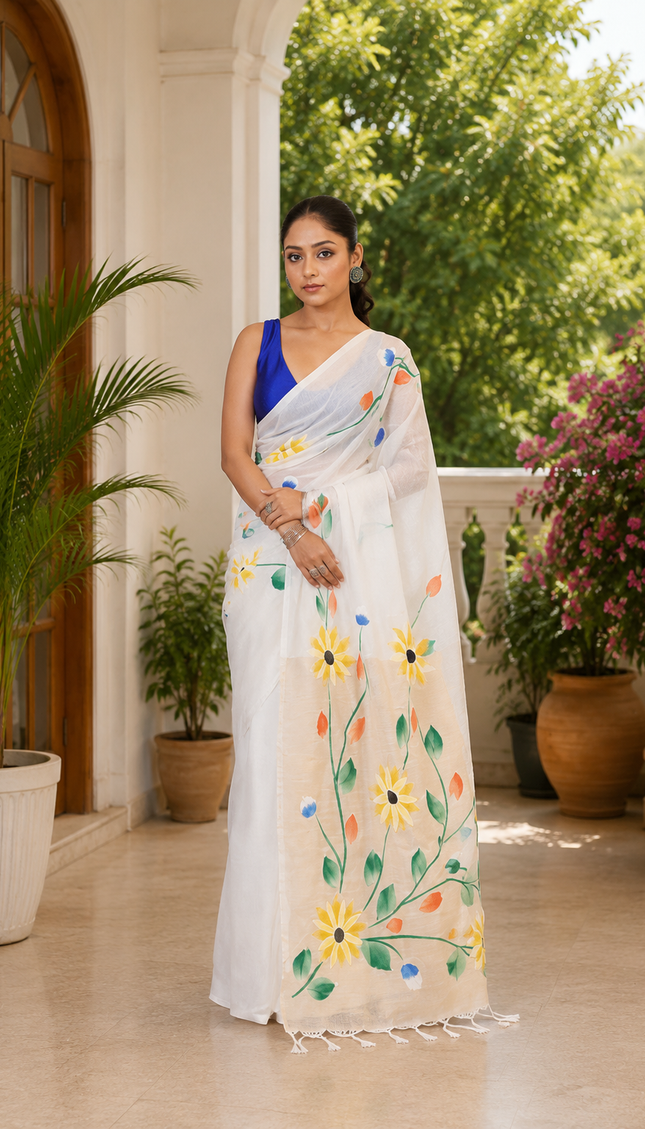 White Handloom Floral Hand Print Saree | Handcrafted saree | KalamKantha