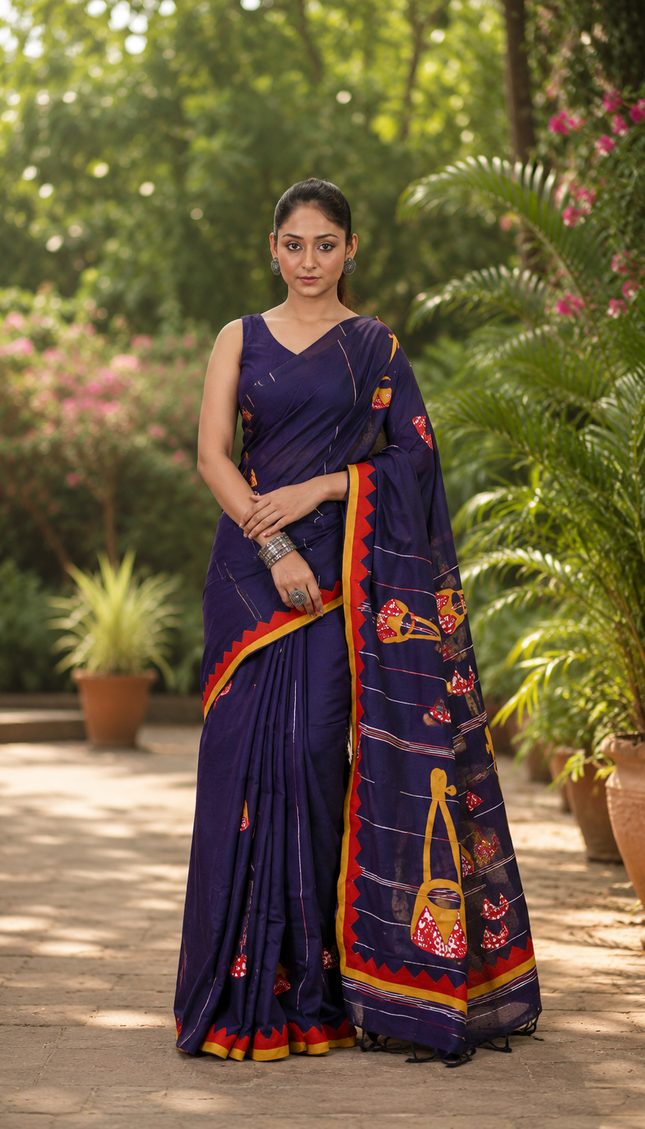 Navy Blue Ektara Applique Cotton Saree | Handcrafted saree | KalamKantha