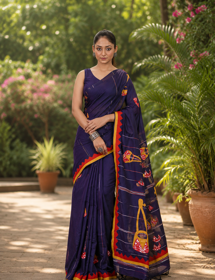 Navy Blue Ektara Applique Cotton Saree | Handcrafted saree | KalamKantha