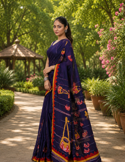 Navy Blue Ektara Applique Cotton Saree | Handcrafted saree | KalamKantha