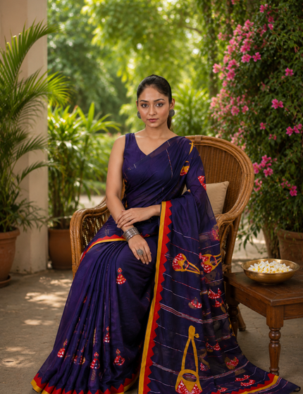 Navy Blue Ektara Applique Cotton Saree | Handcrafted saree | KalamKantha