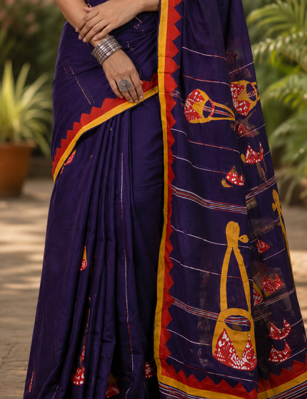 Navy Blue Ektara Applique Cotton Saree | Handcrafted saree | KalamKantha