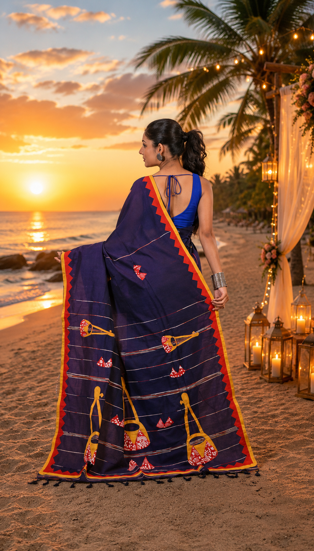 Navy Blue Ektara Applique Cotton Saree | Handcrafted saree | KalamKantha