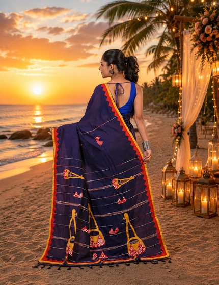 Navy Blue Ektara Applique Cotton Saree | Handcrafted saree | KalamKantha