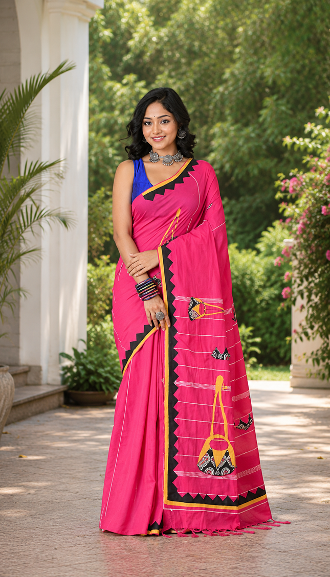 Pink Ektara Applique Saree — Black & Yellow Motifs | Handcrafted saree | KalamKantha