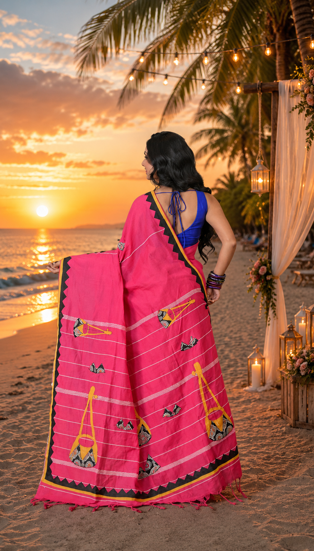 Pink Ektara Applique Saree — Black & Yellow Motifs | Handcrafted saree | KalamKantha