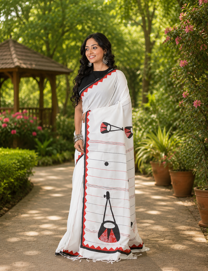 Off-White Ektara Applique Saree — Red & Black Folk Instrument Motifs | Handcrafted saree | KalamKantha