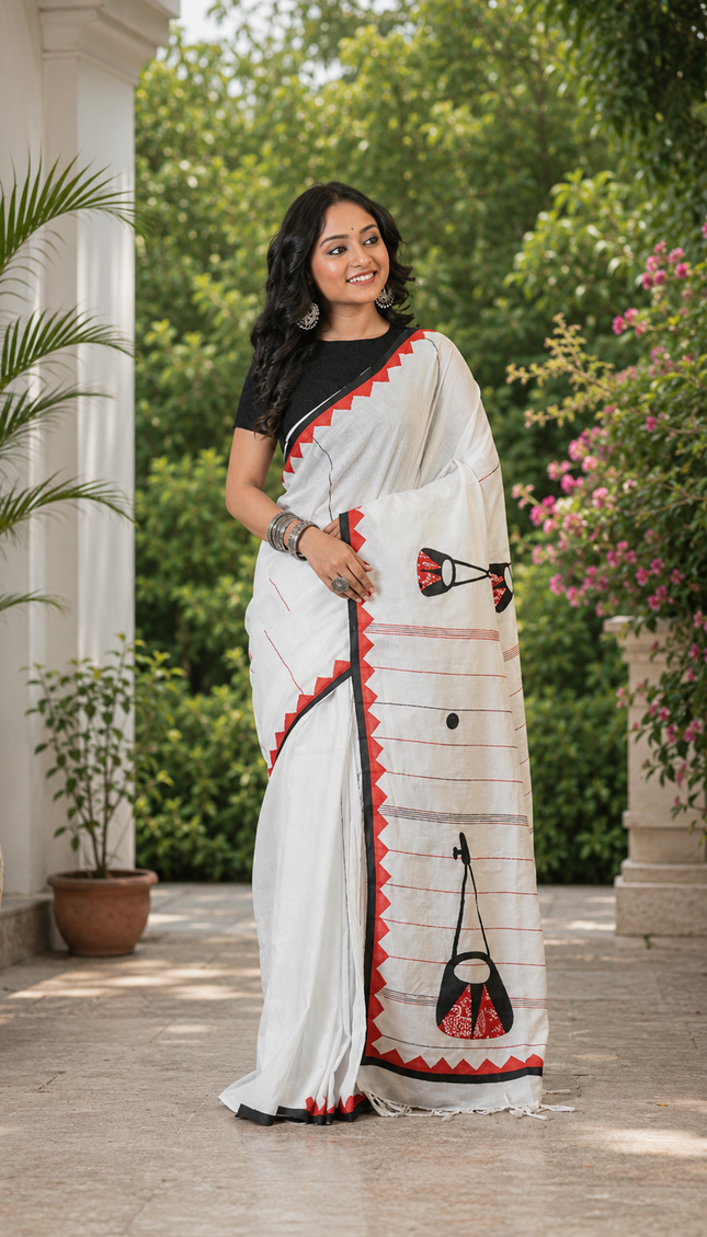 Off-White Ektara Applique Saree — Red & Black Folk Instrument Motifs | Handcrafted saree | KalamKantha
