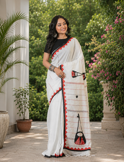 Off-White Ektara Applique Saree — Red & Black Folk Instrument Motifs | Handcrafted saree | KalamKantha