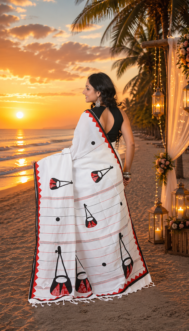 Off-White Ektara Applique Saree — Red & Black Folk Instrument Motifs | Handcrafted saree | KalamKantha