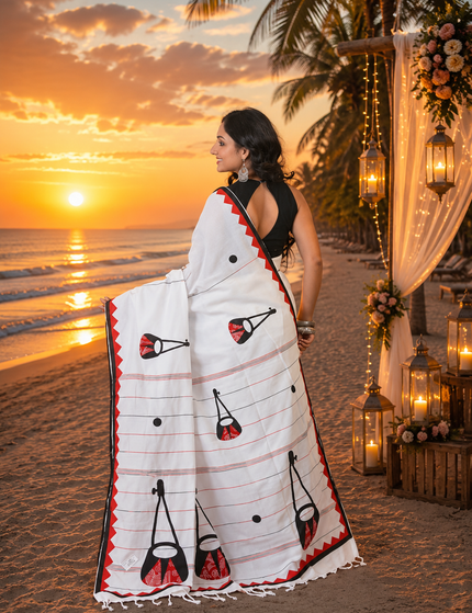 Off-White Ektara Applique Saree — Red & Black Folk Instrument Motifs | Handcrafted saree | KalamKantha