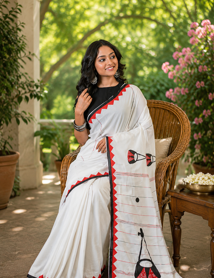 Off-White Ektara Applique Saree — Red & Black Folk Instrument Motifs | Handcrafted saree | KalamKantha