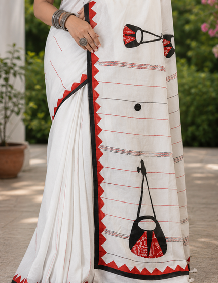 Off-White Ektara Applique Saree — Red & Black Folk Instrument Motifs | Handcrafted saree | KalamKantha